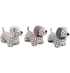Keep your doors propped open with these charming gingham fabric dog doorstops