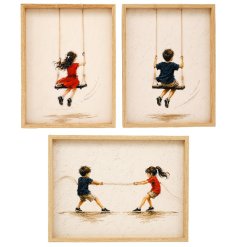 Delightful boy and girl artwork finished with a rustic hanging rope for easy display