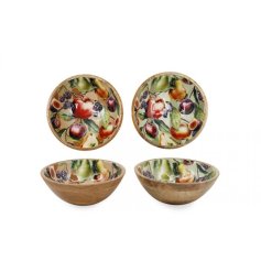 a delightful wood and enamel bowl featuring a classic orchard fruit motif