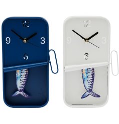 A striking assortment of two wall clocks each featuring  a sardine design in coastal colours.