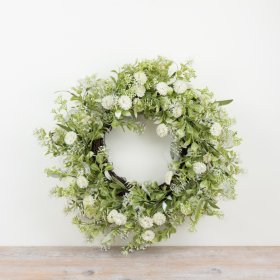 a delightful wreath of spring white clover and eucalyptus