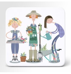 Add a touch of countryside charm to your drinks with this delightful Pink Pig Gardener Female Coaster