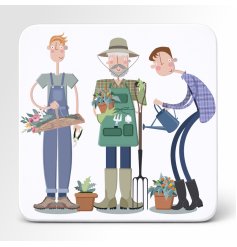 Protect your surfaces with this charming Pink Pig Gardener male ceramic coaster