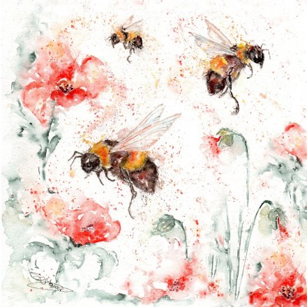 Sandi Mower Poppy and Bees Greeting Card. 15cm 