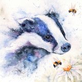 Charming card featuring Sandi Mower's whimsical Badgering The Bees artwork