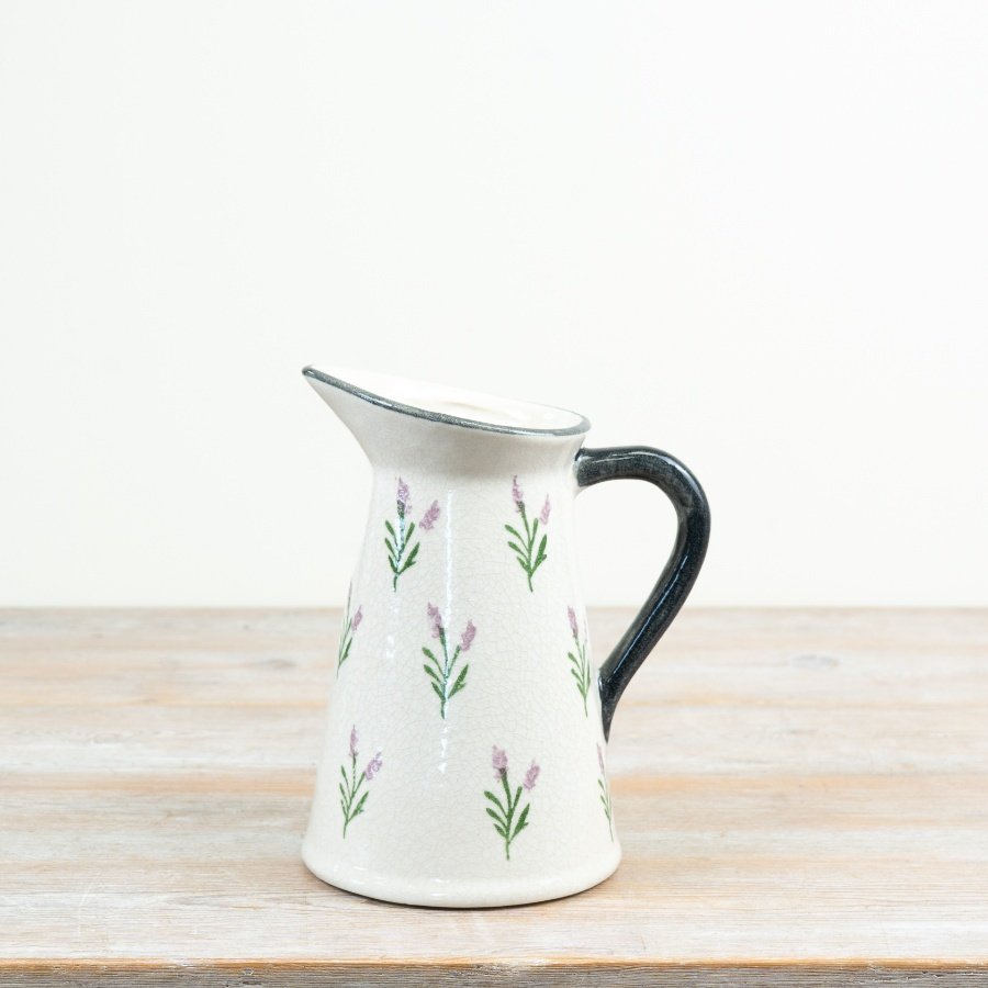 a quaint crackle-effect jug vase featuring delicate lavender motifs