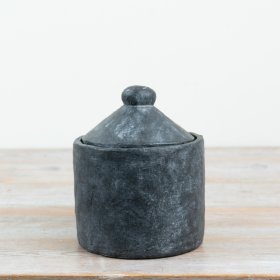 Stylish black rustic pot featuring a practical lid for organised storage