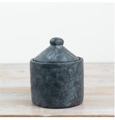 a striking rustic storage jar in charcoal black with a practical lid