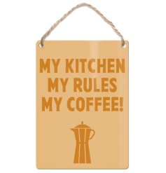 Witty metal hanging sign declaring your kitchen coffee commandments with charm and wit