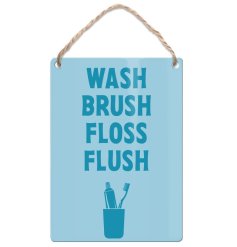 Bring a playful charm to your bathroom with this delightful metal dangler sign