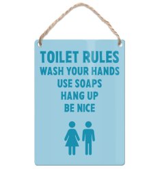 Delightful metal mini hanging sign gently reminding essential bathroom manners in timeless design