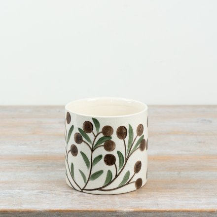 a beautifully hand-painted botanical planter with elegant olive motifs