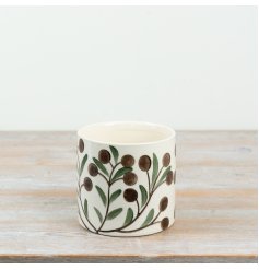 a beautifully hand-painted botanical planter with elegant olive motifs