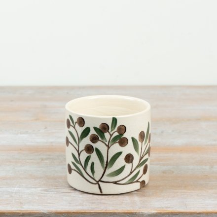 Elegant hand-painted planter inspired by Mediterranean olive branches
