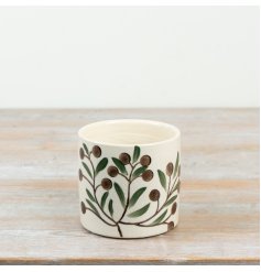 Elegant hand-painted planter inspired by Mediterranean olive branches