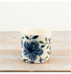 Beautifully hand-painted blue and cream planter to brighten your space