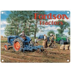 Showcases the classic red Fordson Tractors logo prominently set against the sky