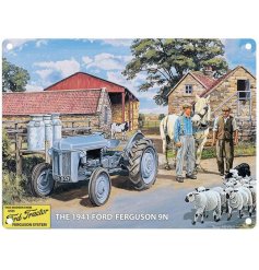 Charming retro metal plaque celebrating classic British farming heritage