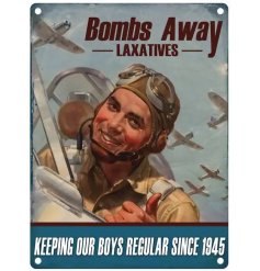 a quirky bombs away novelty metal sign