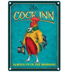 A charming metal plaque featuring a whimsical rooster design