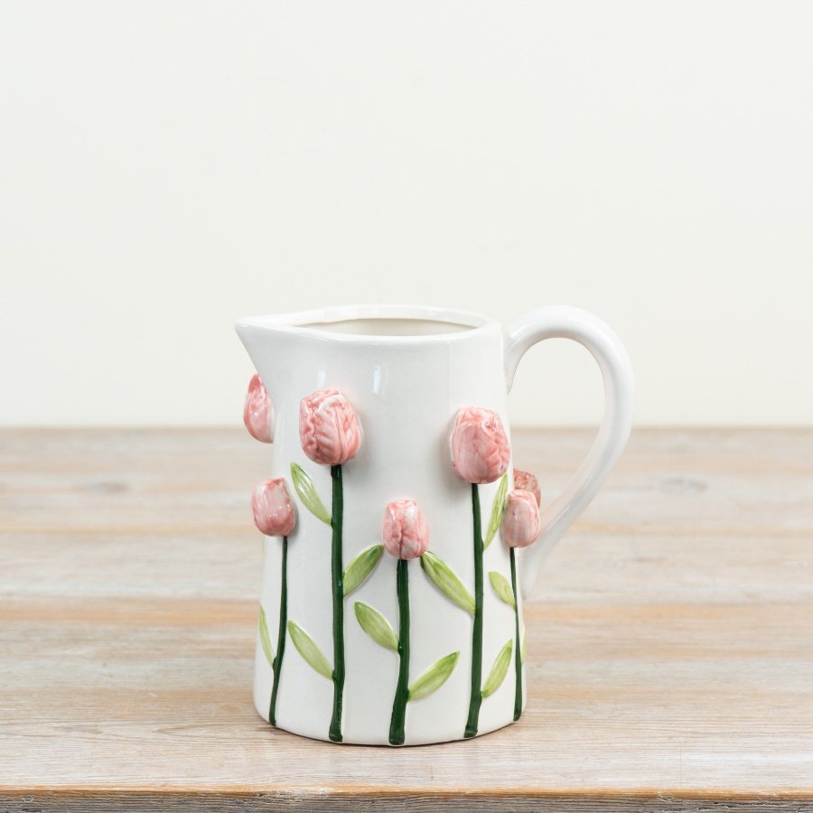 Welcome spring with this elegant 3D tulip-themed ceramic jug