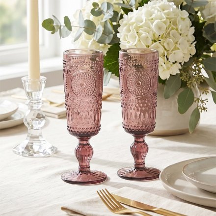 Amalfi Purple Embossed Champagne Flutes, 18cm