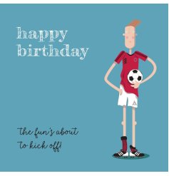 Celebrate with this vibrant blue footballer birthday card designed for true fans