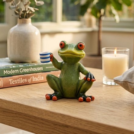 Sitting Frog with Cuppa Ornament