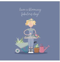 Celebrate her special day with this vibrant female gardener birthday card