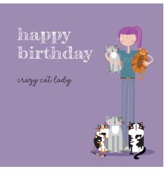 Celebrate her special day with this delightful purple cat lady birthday card