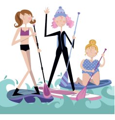Send vibrant wishes with this charming female paddleboarders greetings card