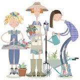 A vibrant greetings card celebrating female gardeners with a cheerful, multi-coloured design