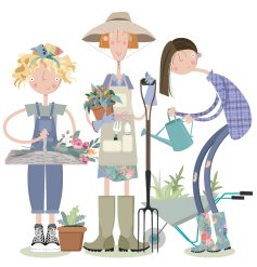 A vibrant greetings card celebrating female gardeners with a cheerful, multi-coloured design