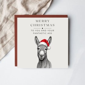 A playful and endearing Christmas card featuring a donkey donning a Santa hat