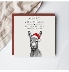 A playful and endearing Christmas card featuring a donkey in a festive Santa hat