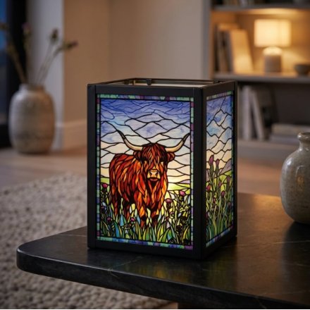 Highland Cow Stained Glass Tealight Holder, 15cm
