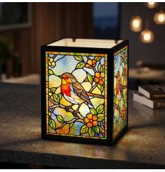 Create a cosy, colourful ambience with this delightful stained glass robin tealight holder