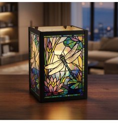 Bring a delightful burst of colour and nature’s grace with this stained glass dragonfly tealight lamp