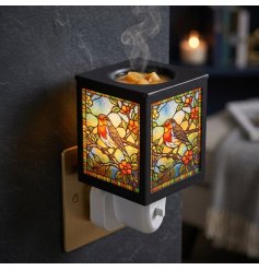 Brighten your space with this charming square stained glass lamp featuring a lively robin design