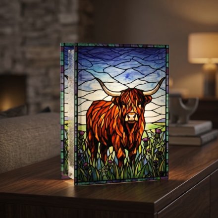 21cm Stained Glass LED Light Highland Cow Plaque