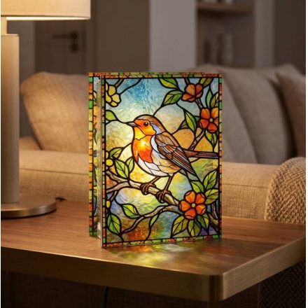 21cm LED Robin Stained Glass Lantern