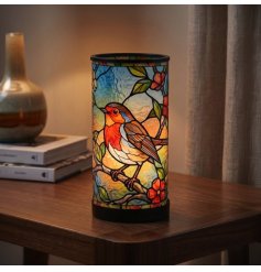 Add cosy radiance to your space with this beautiful robin stained glass lamp