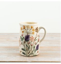 charming hand-painted jug vase adorned with delicate wildflowers