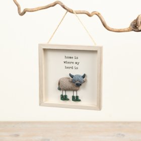 Light wood shadow box frame, rustic twine loop, charming 3D highland cow design