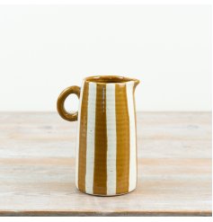 A chic tall jug vase adorned with broad ochre stripes for a distinctive look