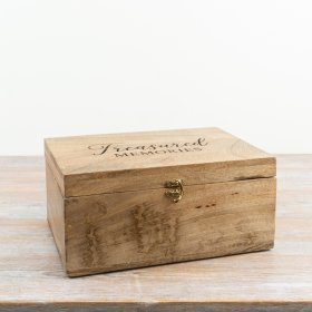 rustic wooden keepsake box engraved with 'Treasured Memories'