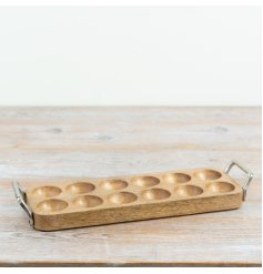 Delightful wooden egg holder featuring sturdy aluminium details