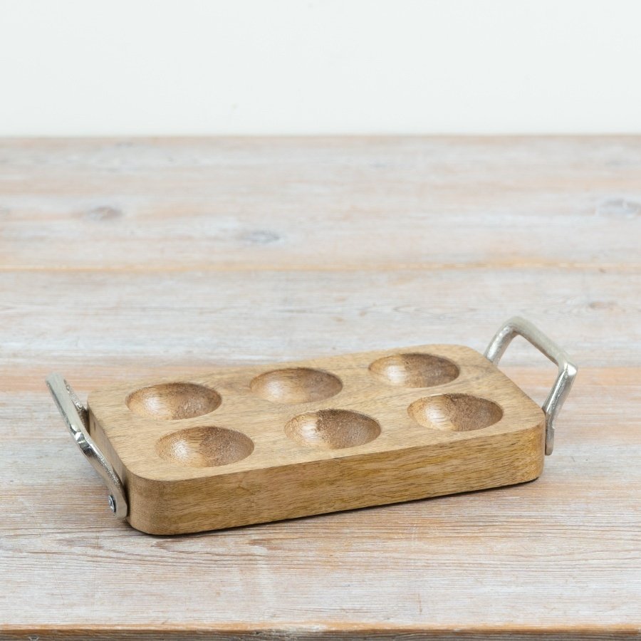 Rustic wooden and aluminium egg holder with six compartments and handy handles