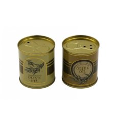 Charming olive oil tin shakers for salt and pepper in rustic brown