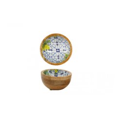 a delightful wooden bowl with bright enamel lemon detailing